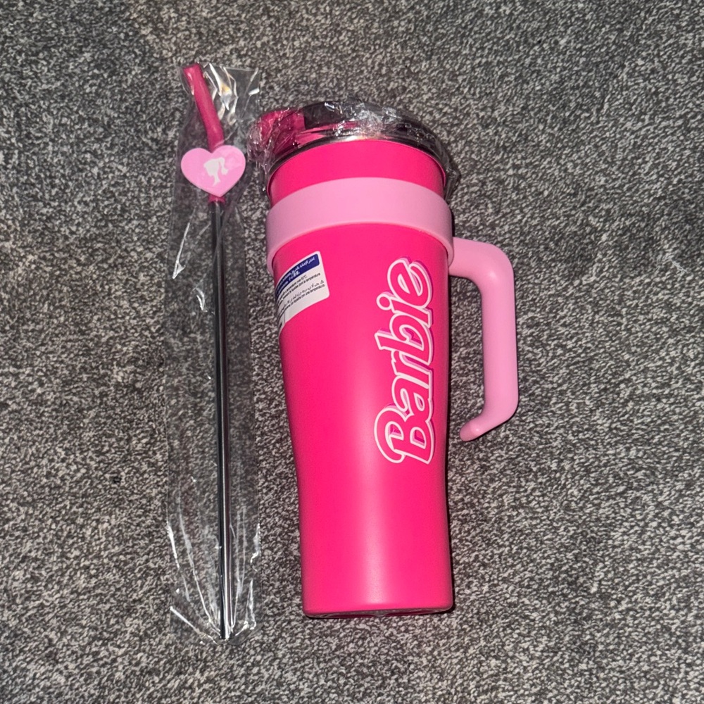 Barbie Hot Pink & Light Pink Insulated Travel Tumbler with Straw